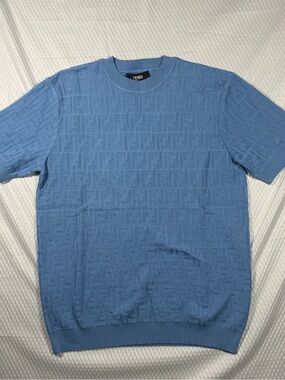 Fendi Men’s Blue FF Monogram Knit Short Sleeve Sweater Shirt Small Regular Fit